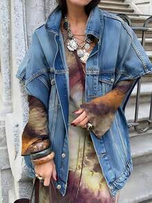 Chaqueta vaquera tipo capullo versátil de estilo pop art, lavado vintage casual, primavera/verano 2026 - Azul lavado medio - Ver 1