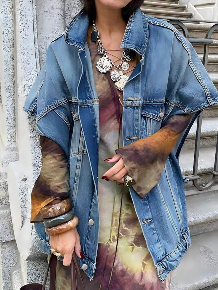 Chaqueta vaquera tipo capullo versátil de estilo pop art, lavado vintage casual, primavera/verano 2026 - Azul lavado medio - Ver 1