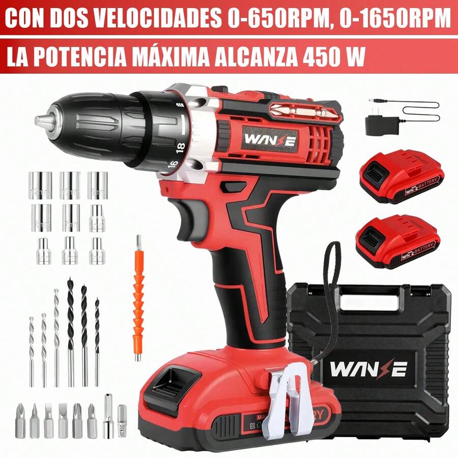 Kit destornillador eléctrico con velocidad máxima de 1650RPM con dos baterías de gran capacidad y potencia de hasta 300W, con luz LED, con desmontable y nivelador, con 24 accesorios y un cargador rápido para satisfacer cualquier trabajo de reforma del hogar - Rojo - Ver 1
