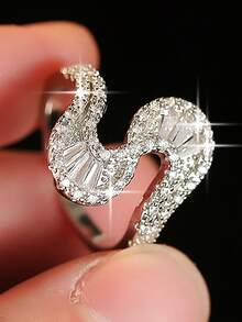 1 Stück eleganter S-förmiger quadratischer Zirkonia Verlobungsring, vintage asymmetrischer Wellen verstellbarer Ring, geeignet für Mutter, Freundin, Alltagstragen, Schmuckgeschenk und verschiedene Anlässe - Weiss - Übersicht 5