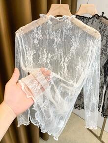 2025 New Arrival Women's Lace Mock Neck Layering Mesh Sheer Long Sleeve Slim Fit Undershirt, Spring/Summer/Autumn Casual White - White - View 2