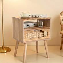 Buró Mesa De Noche Para Recámara Con Estante Y Cajón En Ratán Natural Color Madera Clara Café, Buró Multifuncional para Dormitorio y Sala de Estar - Marrón - Ver 7