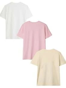 3件/套 夏季新款花卉、海星、贝壳印花休闲日常圆领短袖T恤，多件装，时尚百搭，适合海滩度假，女士 - 白色和粉紅色和杏色 - 查看 5