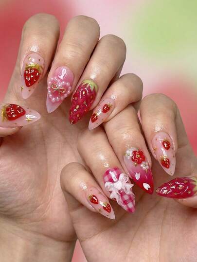 24 piezas de pegatinas de uñas con forma de almendra, estilo francés europeo y americano, decoración de corazón y lazo de perlas para el Día de San Valentín, diseño de fresa minimalista y lindo, cobertura completa y fácil aplicación, adecuado para la vida diaria, vacaciones, fiestas y reuniones de mujeres, suministros para uñas