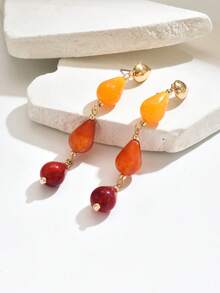 1 Pair Elegant Exaggerated Sexy Bohemian Wavy Faux Jade Resin Block Asymmetrical Pendant Earrings With Gold Shell, Water Drop Tassel, Barrel Beads, Floral Resin In Multiple Colors, Suitable For Sexy Party, Holiday Wear By Women. The Resin Blocks Are Artificially Blended In Multiple Colors, And Each Resin Piece May Have A Molding Sprue Mark, Please Understand. - Multicolor - View 4