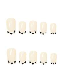 24片中号方形美甲贴纸，表达你的爱意，优雅简约的黑色爱心、白色法式、粉色人造指甲，适合情人节、母亲节，全覆盖式美甲贴纸，适合女性和女孩。包含1张贴纸和1个迷你指甲锉，果冻胶，随机发货。 - 黑色 - 查看 3