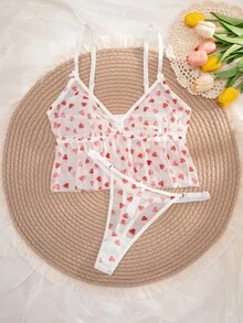 1套女士纯色心形印花无线舒适内衣套装 - 白色 - 查看 6