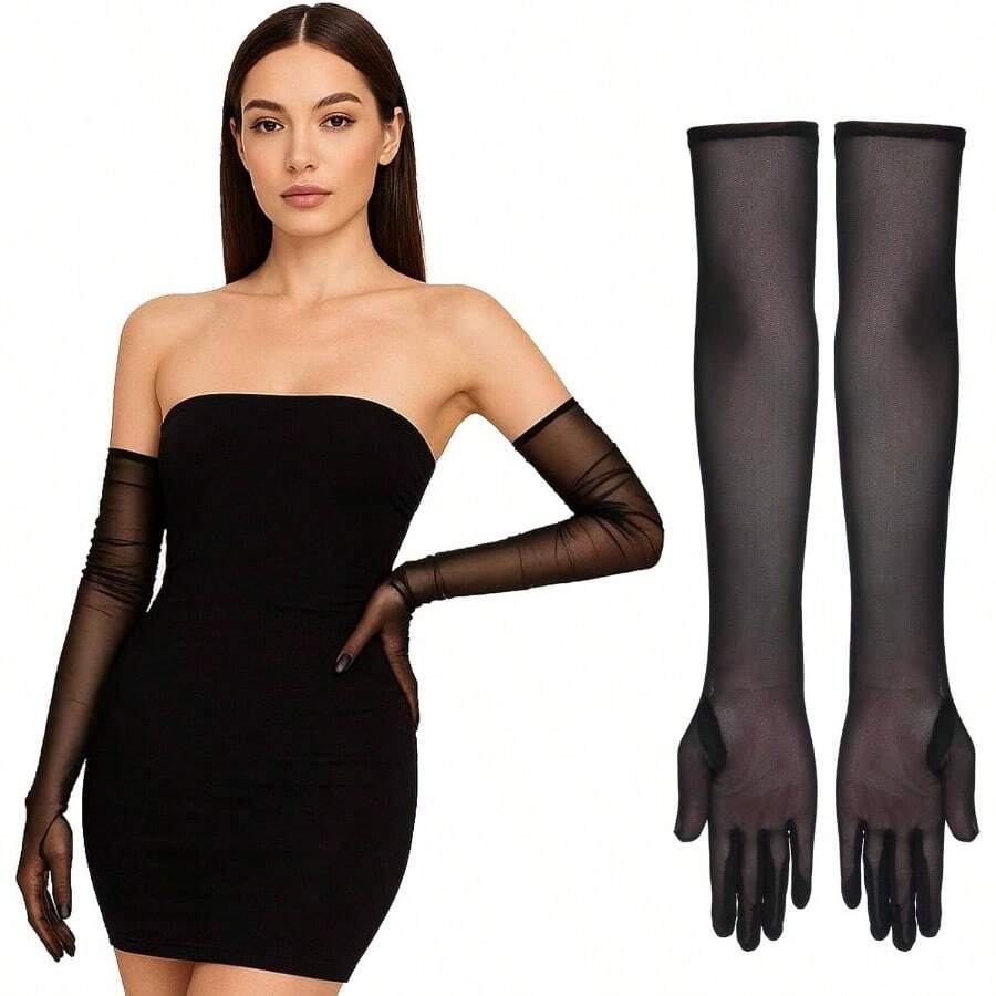 Guantes largos de color negro, guantes de pera de encaje, guantes de malla para mujer, guantes formales de tul de los aos 20, accesorios para fiestas de t, accesorios para fiestas de t, accesorios - inicial - Ver 1