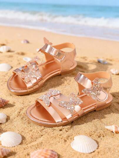 1 Pair Girls' Sandals, 3D Sparkling Rhinestone Butterfly Decor With Hook And Loop Closure, Faux Leather Material, Non-Slip And Easy On/Off, Open Toe Flat Style, Elegant And Fashionable, Suitable For Summer Beach Vacation And Strolling