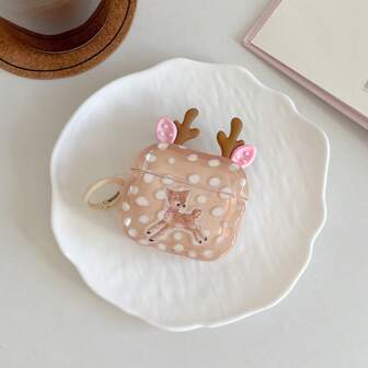 Cartoon Khaki Round White Polka Dot Deer Horn Pink Ear Full Cover Earphone Case + Hanging Ring, Suitable For Airpods 4/3/Pro/ Pro 2/2/1/Pro 3