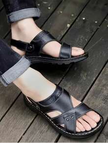 Sandalias De Piel Hombre Negras,deportivas al aire libre, antideslizantes, de suela blanda y con punta abierta, para conducir y playa