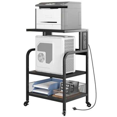 3-Tier Metal Printer Stand – Power Outlets & USB Ports, Adjustable Storage Shelf, Rolling Cart Printer Shelf Table with Wheels for Home Office/Heat Press/Mini Fridge
