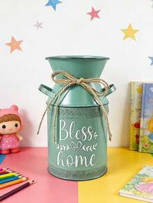 Vintage Mint Green Metal Decorated Milk Can Vase, Retro Iron Rope Tie, "Bless Our Home" Blessing Slogan, Distressed Texture With Soothing Healing Ambiance. Can Be Used As A Flower Vase For Dried Flowers Or A Storage Jar, Suitable For Light Vintage, Cozy Home Decor, Entryway, Creates A Ceremonial Atmosphere. - Four Seasons Double-eared Teapot 8 - View 12