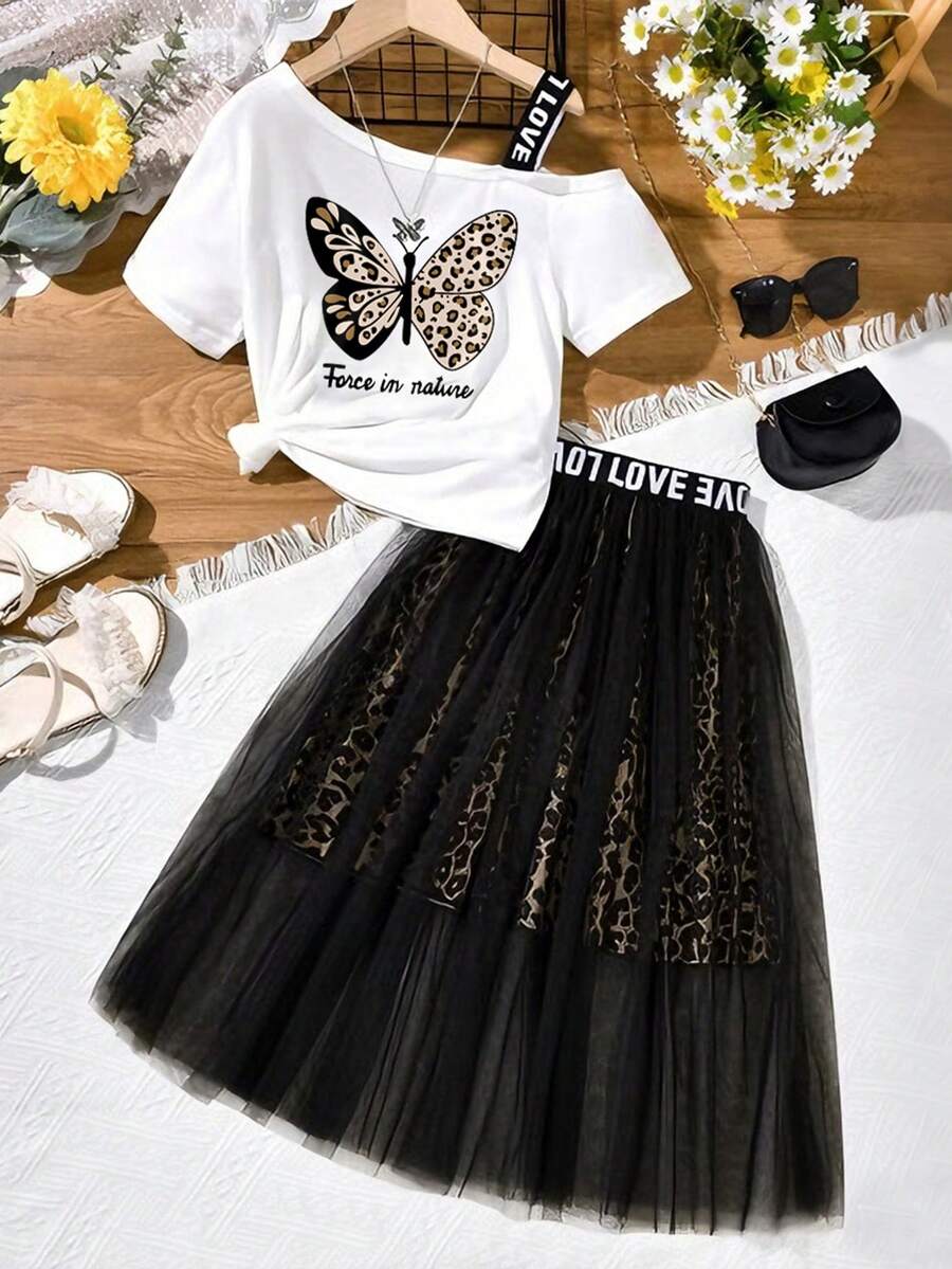 女童蝴蝶图案不对称领口T恤和豹纹网纱罩衫半身裙 - 黑色 - 查看 1