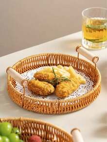 1pc Thickened Rattan-Woven Fruit Plate, Bread Basket, Home Afternoon Tea, Pastry Tray, Snack Display Plate - Apricot - View 7