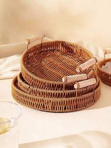 1pc Thickened Rattan-Woven Fruit Plate, Bread Basket, Home Afternoon Tea, Pastry Tray, Snack Display Plate - Apricot - View 2