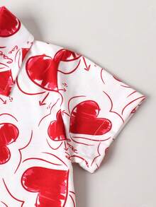 1件情人节爱心印花翻领短袖衬衫，轻薄透气，男童休闲衬衫 - 紅白色 - 查看 6