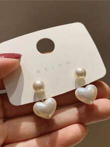 2只简约心形珍珠耳钉，优雅白色耳环，适合日常佩戴 - 乳白色 - 查看 3