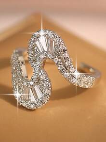 1 Stück eleganter S-förmiger quadratischer Zirkonia Verlobungsring, vintage asymmetrischer Wellen verstellbarer Ring, geeignet für Mutter, Freundin, Alltagstragen, Schmuckgeschenk und verschiedene Anlässe - Weiss - Übersicht 10