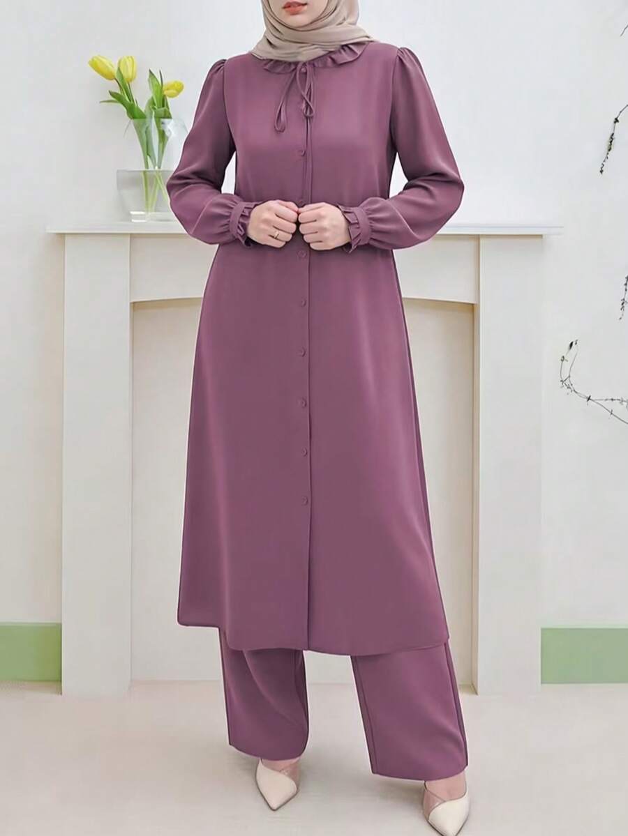 Women's Elegant Fashion Casual Solid Color Ruffle Trim Tie-Up Button Design Long Jacket, Ruffle Trim Lantern Sleeve Maxi Dress And Wide Leg Pants Set, Fashionable Casual Graceful Cute Arabic Style Maxi Dress 2-Piece Set, Suitable For All Seasons - Hot Pink - View 1