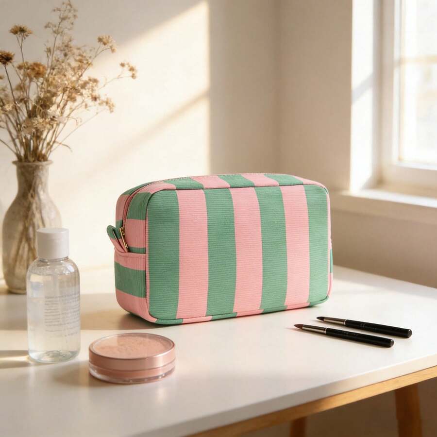 1pc Large Capacity Green & Pink Striped Cosmetic Bag, Portable Travel & Business Toiletry Organizer Bag With Smooth Zipper, Made Of Corduroy, Suitable For Personal Use Or As Holiday & Birthday Gift Makeup Bag Make Up Organizer Toiletry Bag Makeup Storage Makeup Pouch Wash Bag Toiletry Travel Bag Vacation Essentials For Travel Gifts For Women - Multicolor - View 1