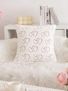 1件/2件装情人节镂空白色双心刺绣抱枕套，田园风暖色调仿毛皮刺绣沙发靠垫套，适用于情人节、餐厅、咖啡馆