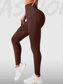 Seamless High-Elasticity Women's Solid Color Sports Leggings,Women Tuck In The Abdomen Leggings,Lift The Buttocks And Slim The Legs Leggings,Soft Touch Quick Dry Breathable Four-Way Stretch Hip Lift Leggings For Women,Multi-Color Optional(Black/Brown/Blue/Green) - Màu nâu - Xem 2