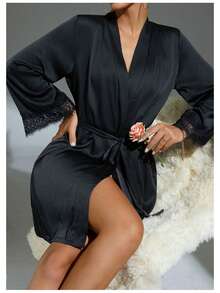 رداء حرير ناعم بلون أحادي أنيق بربطة الخصر، مناسب للعرائس وصبايا العروس والاستخدام المنزلي، رداء قصير للموسم الزفاف، قميص نوم وملابس نوم من الحرير الناعم، بيجامة نسائية من الشيفون المنقط والشبك، هدية عيد الحب وهدية رأس السنة الجديدة