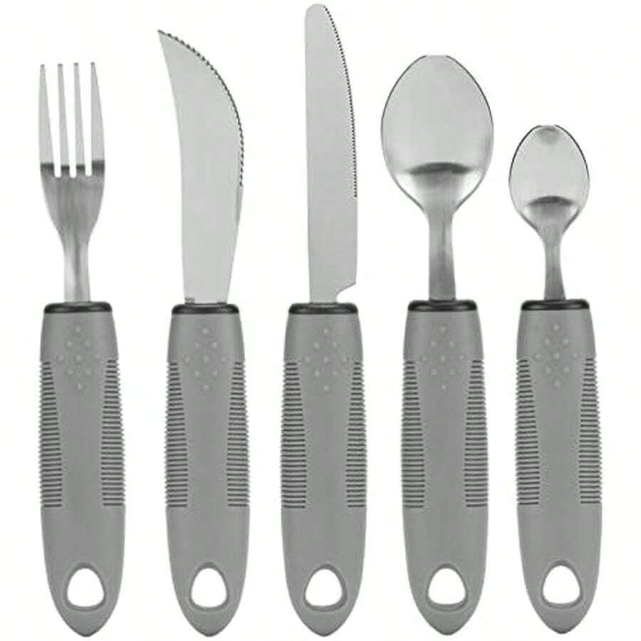 Utensilios Adaptativos para Temblores en las Manos, Artritis y Parkinson, Juego de Cubiertos de Acero Inoxidable con Cuchillos Pesados, Utensilios para Comer para Discapacitados - / - Ver 1