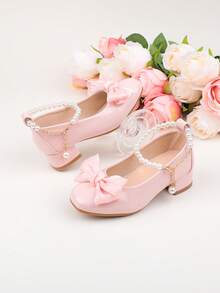 Scarpe da bambina per damigella d'onore, eleganti e dolci, con fiore, per banchetti di matrimonio, feste serali e vacanze, con tacco alto, adatte a ragazze di taglia grande, media e piccola, scarpe per bambini e neonati, classiche, comode e versatili, alla moda, rosa, con fiocco semplice, fibbia di perla, per tutte le stagioni, per vacanze, eleganti, con tacco spesso, scarpe da cerimonia, scarpe da spettacolo, scarpe da ballo, Mary Jane, scarpe da ballerina, scarpe da principessa - Rosa - Visualizzare 4