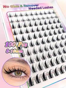 100片免胶可重复使用自粘蓬松假睫毛，8-16mm混合长度套装，免胶蓬松尖刺卡通动漫单根假睫毛，自粘DIY睫毛嫁接预粘簇状假睫毛，自然纤细C型卷翘猫眼假睫毛簇，免胶防卸妆假睫毛 - 黑色 - 查看 9