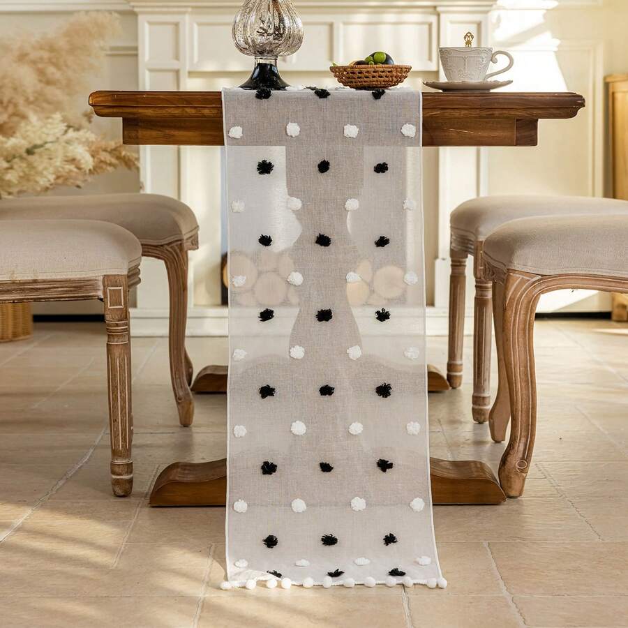 Camino de mesa rosa de 70 pulgadas para San Valentín con pompones, gasa rústica, mantel largo de encaje para bodas, fiestas, baby showers, decoración del hogar y vacaciones. - Blanco - Ver 1