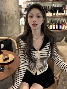 女士法式条纹长袖针织开衫，修身秋季毛衣上衣 白色 - 白色 - 查看 4