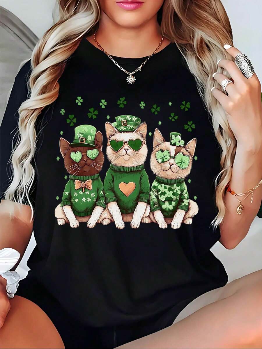 Mujer Fiesta Verde con Gatos de San Patricio Impresión de Tréboles y Sombreros Moda Camiseta Negra para Celebraciones Temáticas - Negro - Ver 1