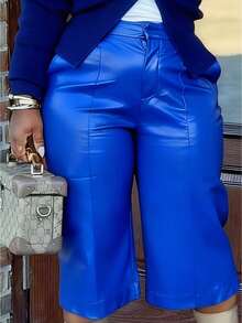 GLOURI Women's Orange Vegan Leather Cropped Wide-Leg Pants - High-Waisted Silhouette & Sleek Texture | Retro Chic Style For Daily Commute, Brunch Dates & Sophisticated Casual Gatherings (Vegan Leather Fabric & Flattering Relaxed Fit) For Elegant  Look - 藍色 - 查看 3