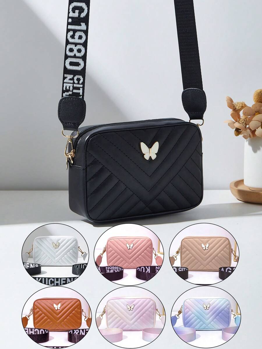 1pc Girls' Fashion Mini Square Crossbody Bag, Shoulder Bag Coin Purse, Embroidered Butterfly Versatile Minimalist Style, Ideal Gift Choice (Random Ombre Color)