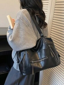 Túi xách thời trang đa năng, kiểu dáng cổ điển, màu trơn, tối giản, thích hợp cho người đi làm. - màu đen - Xem 6