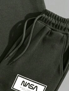 Men Wafle Fabric Letter Printed Regular T-Shirt & Pants Set - Army Green - View 3