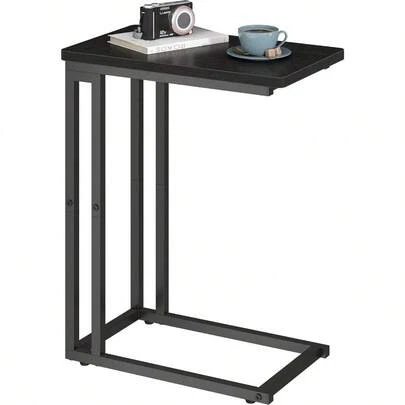 Yusong C Shaped End Table Couch Side Table That Slide Under Sofa Bed For Small Spaces Skinny Overbed Table Coffee Drink Snack Table For Living Room Black Oak