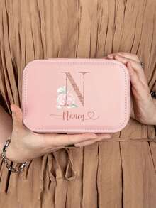 1pc Customized Jewelry Box For Valentine's Day, Bridesmaid Jewelry Box, Can Print Name And Initial, Elegant PU Leather Women's Jewelry Box, Suitable As Valentine's Day Gift, Wedding Gift, Anniversary Gift, Large Capacity Jewelry Box To Store Necklaces, Bracelets, Earrings, Etc.