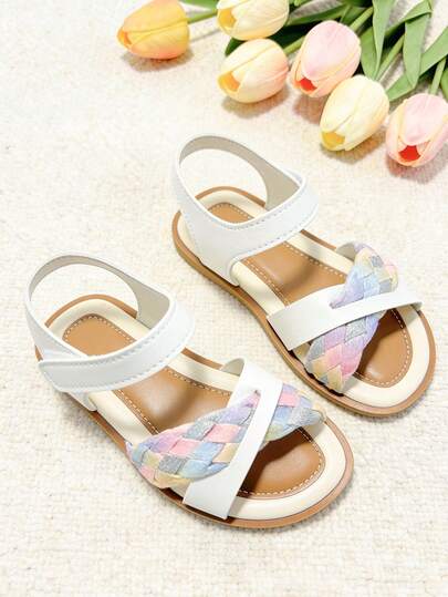 夏季时尚儿童凉鞋，女童平底凉鞋，彩色编织设计，适合婚礼、派对、休闲、旅行、小学等场合，畅销童鞋