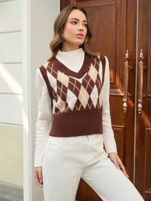 女士菱格纹针织罗纹毛衣背心，商务休闲上衣，毛衣背心，女士上衣，女士毛衣，女士工作装，女士休闲装，适合春、秋、夏季穿着 - 棕色 - 查看 4