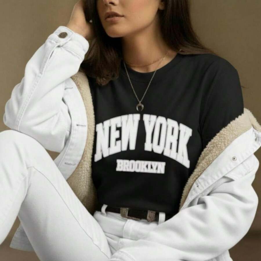 Camiseta Feminina 100% Algodão Estampada New York T-Shirt Camisa Unissex Moda - blaack - Visão 1