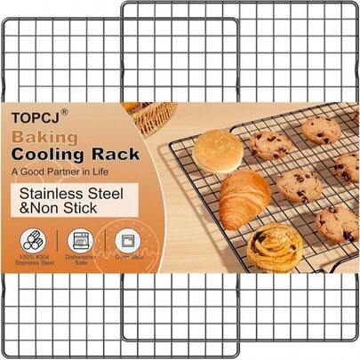 TOPCJ 2PCS Cooling Rack For Baking, 10X15 Heavy Duty Wire Rack For Grilling,Baking, Roasting,Cooking,Non-Stick,For Jelly Roll Baking Trays,Multi-Purpose Drainer Rack,Stainless Steel,Silver