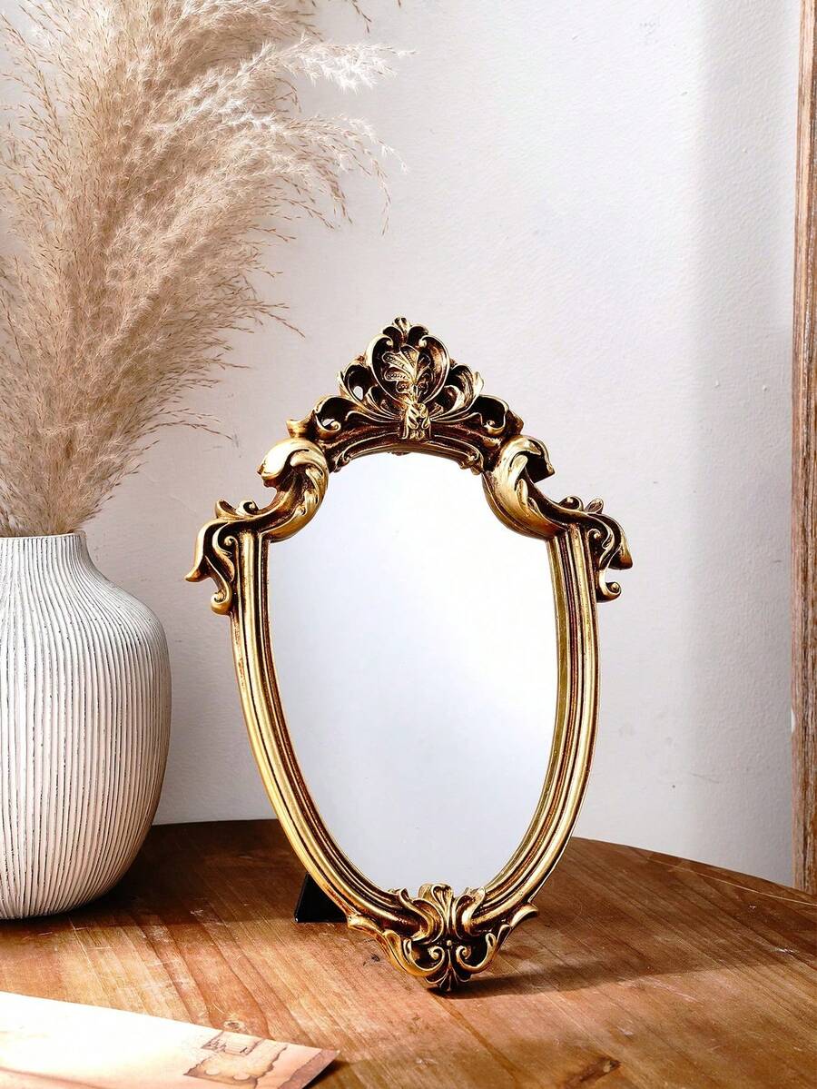 1 chiếc gương trang trí hình dáng bất thường, kiểu dáng cổ điển châu Âu, họa tiết hoa vàng, có thể treo tường hoặc đặt trên bàn, kiểu dáng cung điện châu Âu, thích hợp để trang trí tường nhà hoặc làm gương trang điểm (chỉ khung). - Vàng - Xem 1