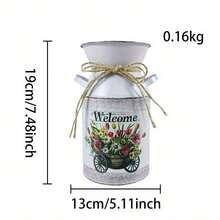 Vintage Iron Wire & Rope Tie-Up Decor With "Welcome" Slogan And Spring Floral Cart Pattern, Brings Fresh And Lively Atmosphere. Can Be Used As A Vase For Spring Branches Or A Storage Jar For Small Items, Suitable For Foyer, Balcony Decoration, Both Home And Commercial Use. - Four Seasons Double-eared Pot 5 - View 3
