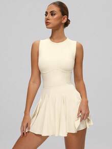 MASKERT Fashionable Women's Dresses, Sportswear, Gym Wear, Yoga Garments, Tennis Shirts, High Elasticity, Skin-Friendly, Comfortable, Breathable, Home & Casual Wear - 奶油白 - 查看 3