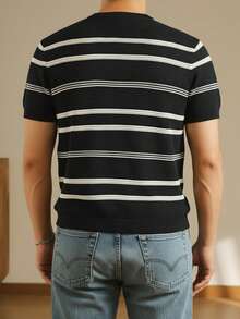 男士条纹圆领短袖休闲针织上衣 - 黑色 - 查看 3