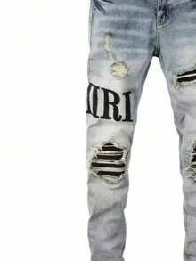 European And American  Brand High Street American Jeans Men's Thread Insertion Process, Holes And Random Lines Patch Elastic Slim Men's Pants - 淺色水洗藍 - 查看 2