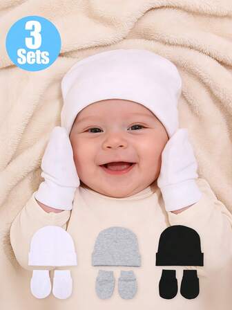 3 件装新生儿婴儿针织帽和手套套装（0-3 个月） - 纯色弹力婴儿帽手套，适合秋冬季日常舒适穿搭，基本婴儿配件